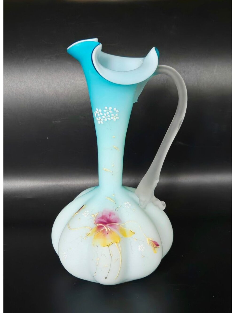 c. 1800s Harrach Czech Bohemian Satin Glass Ewer Vase Floral Design & Frosted Ha